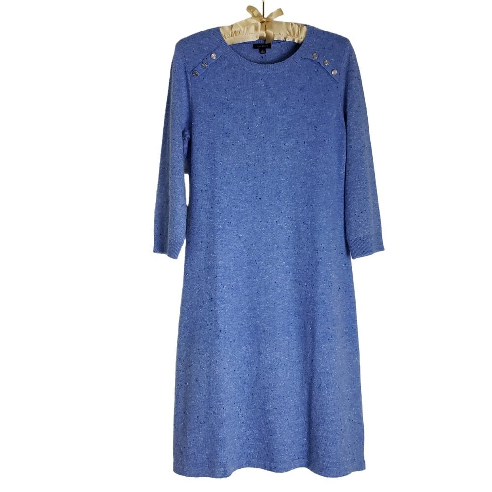 Talbots S Blue Speckled Kitty Tweed Shift Sweater Dress Button Accent, Like New